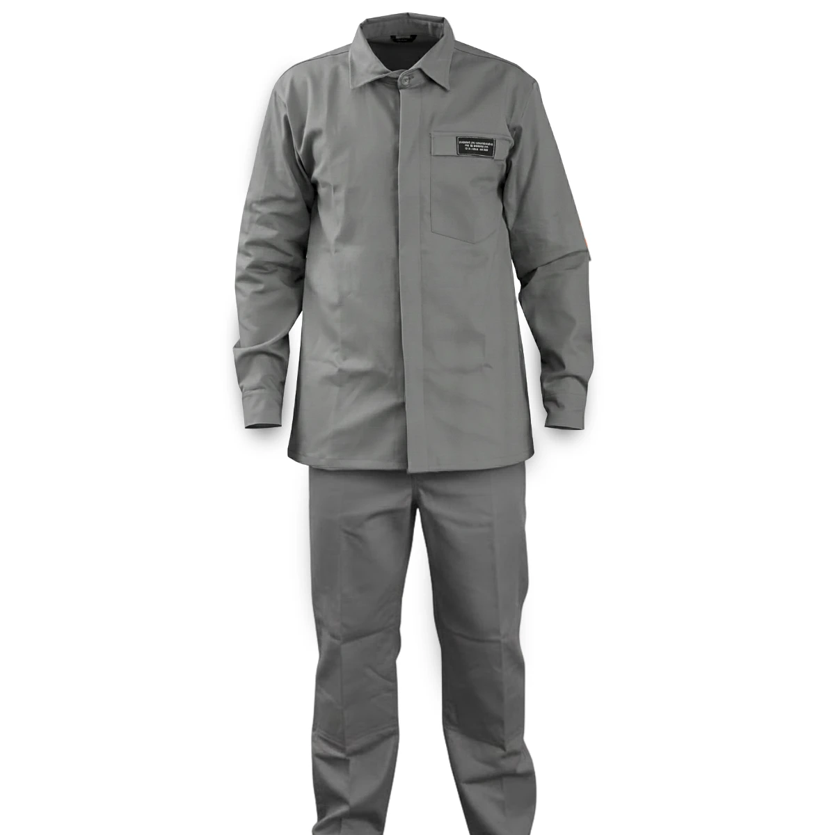 Imagem de um uniforme de trabalho cinza composto por jaqueta e calça, ideal para ambientes industriais ou de segurança, destacando conforto e proteção.