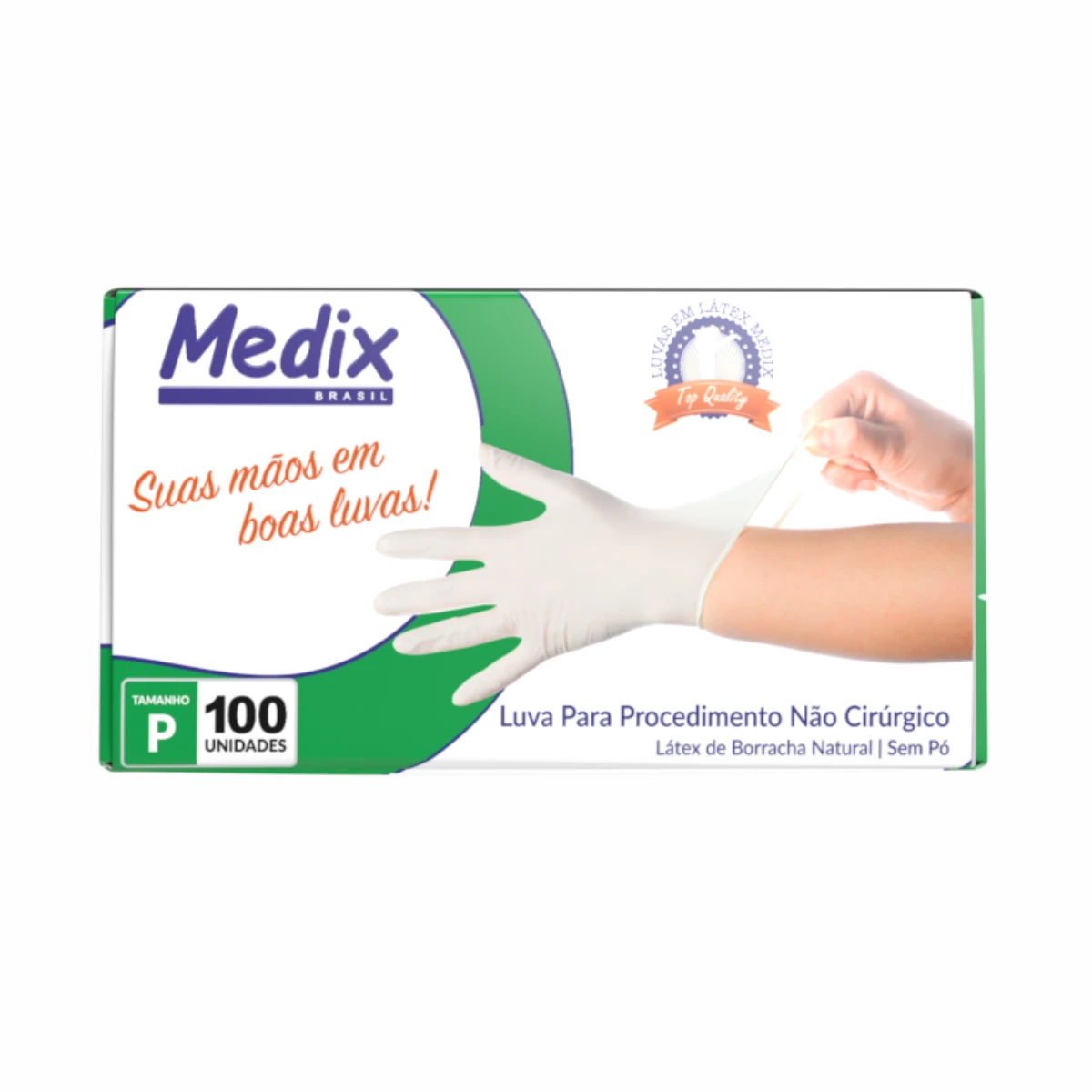 Caixa de luvas médicas descartáveis Medix Brasil, latex de borracha natural, tamanho P, embalagem com 100 unidades, recomendado para procedimentos não cirúrgicos, garantindo higiene e proteção de mãos.