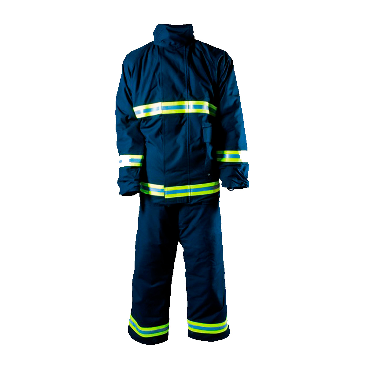 Conjunto Bombeiro Jaqueta + Calça Azul com faixas refletivas verdes na cintura, mangas, tórax e tornozelo. Conjunto de roupa para combate a Incêndio.