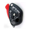 Freio Descensor Autoblocante Lory Safe Vermelho e Preto, ideal para escalada e atividades de aventura. Equipamento leve e compacto,