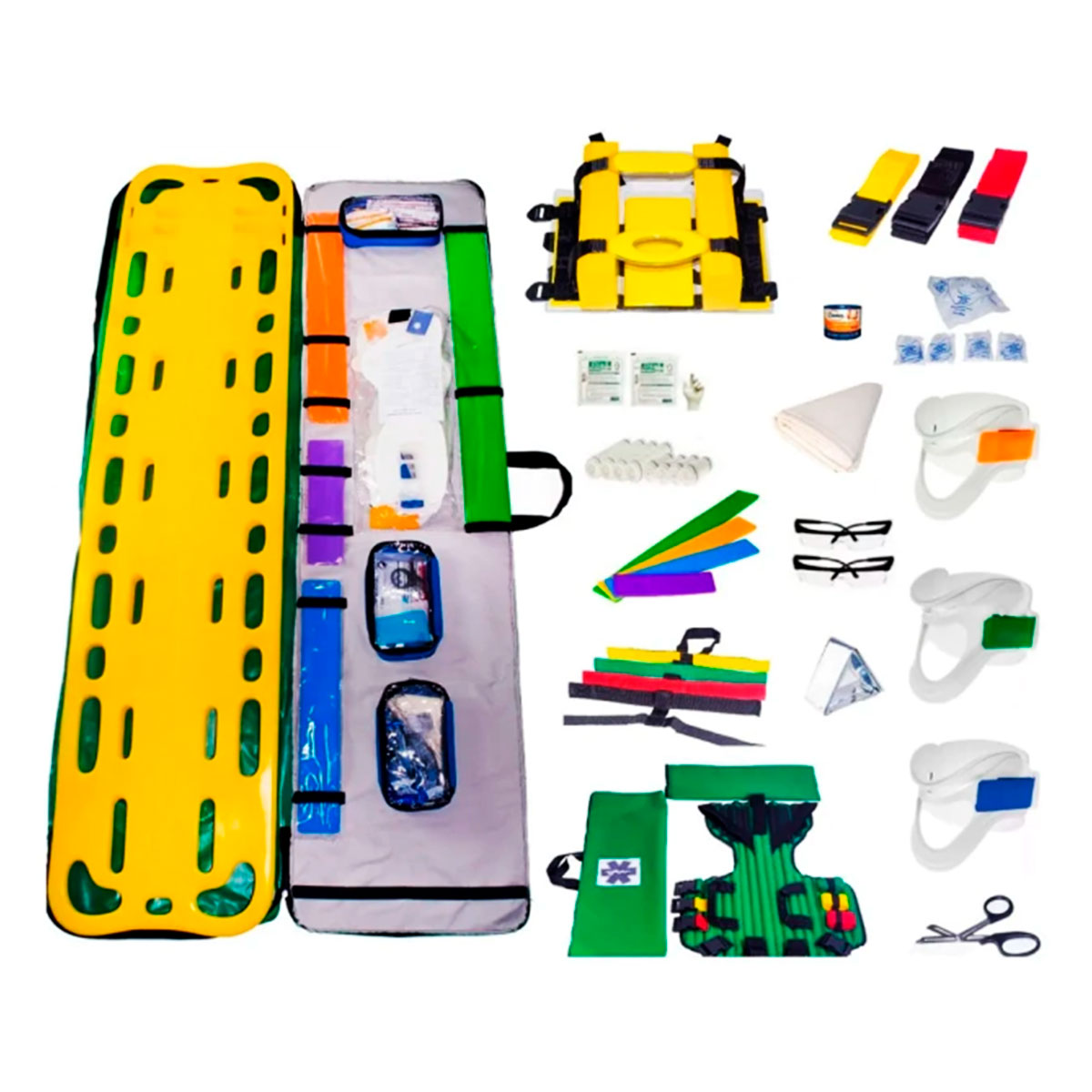 Conjunto de equipamentos de resgate e primeiros socorros Kit Cipa Completo contendo maca, colares cervicais e materiais para atendimento emergencial.