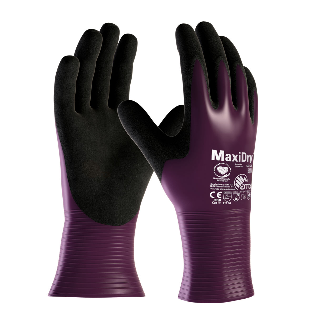 Luvas MaxiDry Total Contra Óleo Graxa Químico Cor Roxa e Preto, ideal para manuseio de peças oleosas.