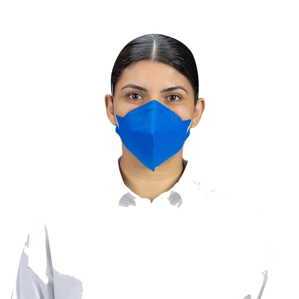 Mulher parda usando máscara respirador pff2 plus azul alliance sem válvula com carvão ativado, elástico na cabeça e nuca, destacando o respirador dobrável.