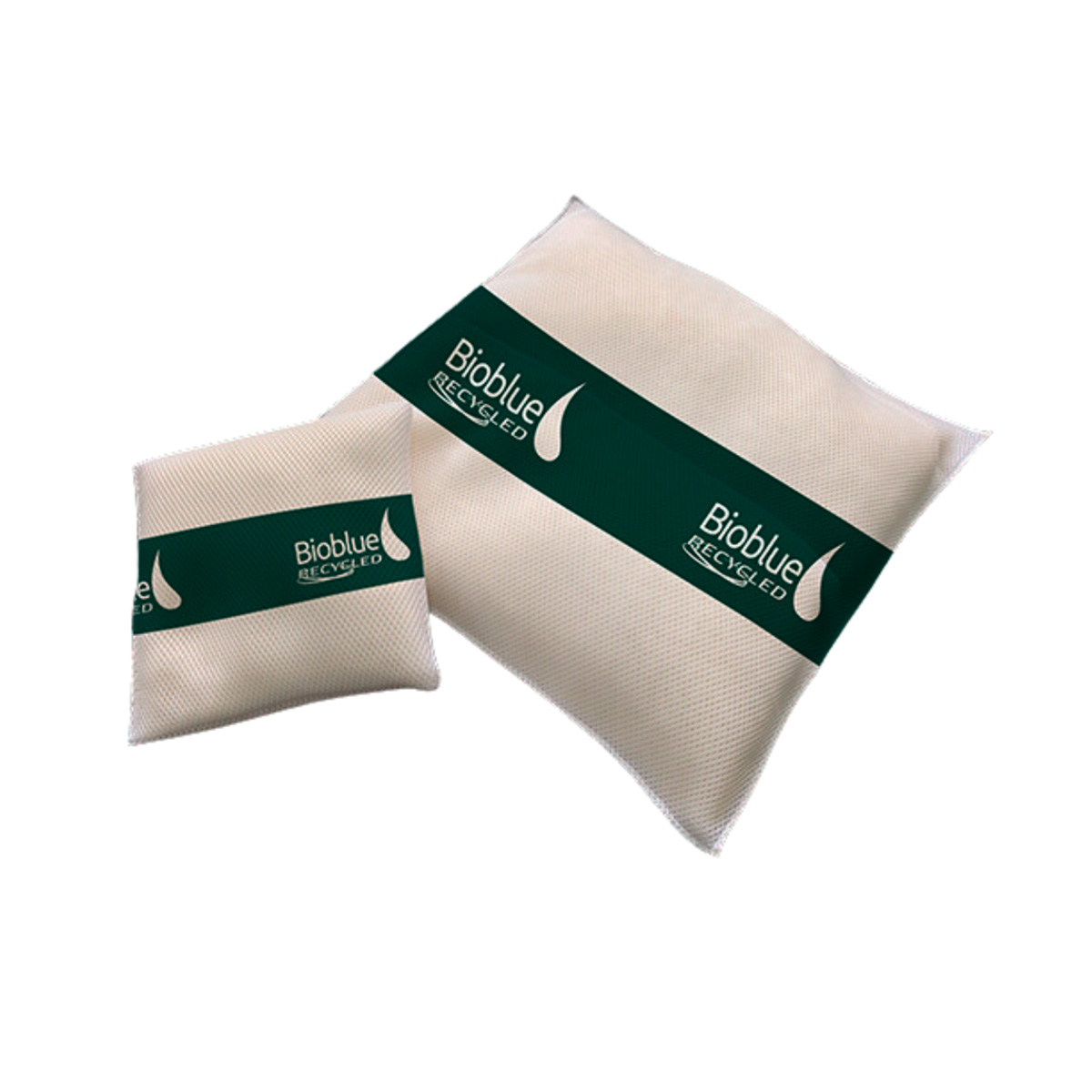 Travesseiro branco absorvente de óleo e derivados com tira verde no meio com a marca da Bioblue Cor Branca