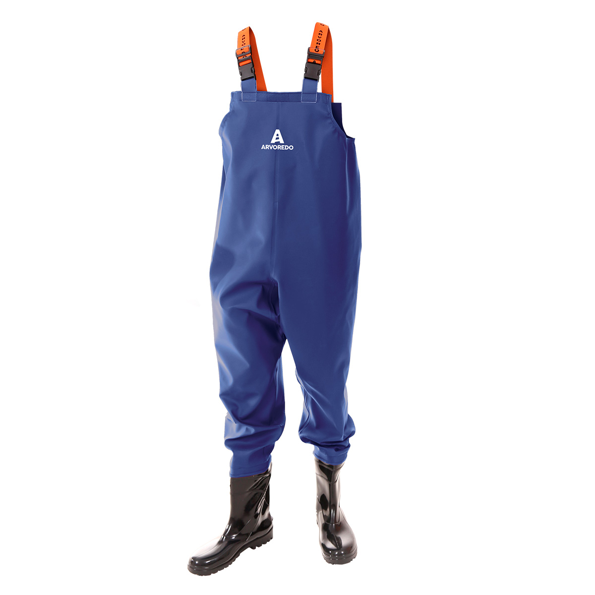 Calça Jardineira Azul Impermeável com Bota PVC Acoplada com Duas Alças Laranja na cintura Arvoredo Ideal para Saneamento