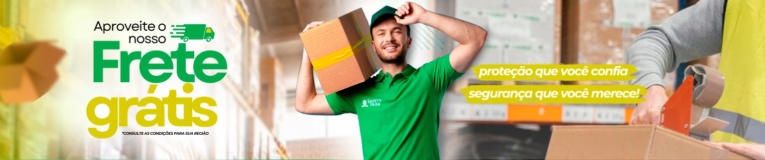 Imagem promocional destacando a oferta de epi com frete grátis para o Brasil, com um homem com camisa verde feliz segurando uma caixa embalada com produtos.