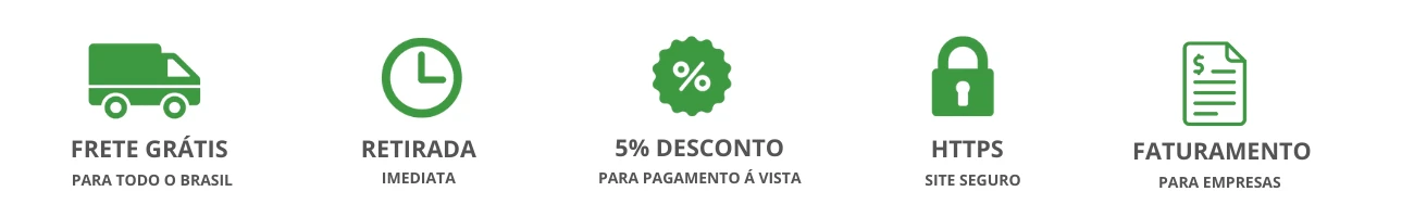 Ícones ilustrando frete grátis, retirada imediata, 5% de desconto, site seguro e faturamento para empresas na compra de EPI
