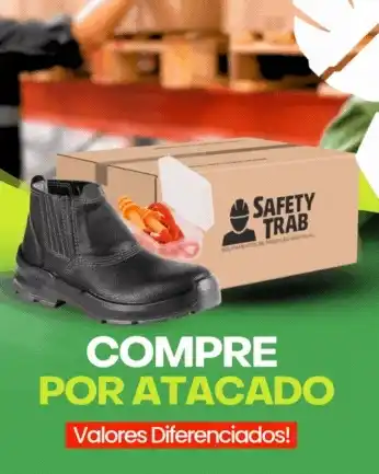 Imagem de um calçado de segurança preto ao lado de uma caixa de embalagem, ideal para profissionais que buscam comprar por atacado. Foco na qualidade e preço acessível.