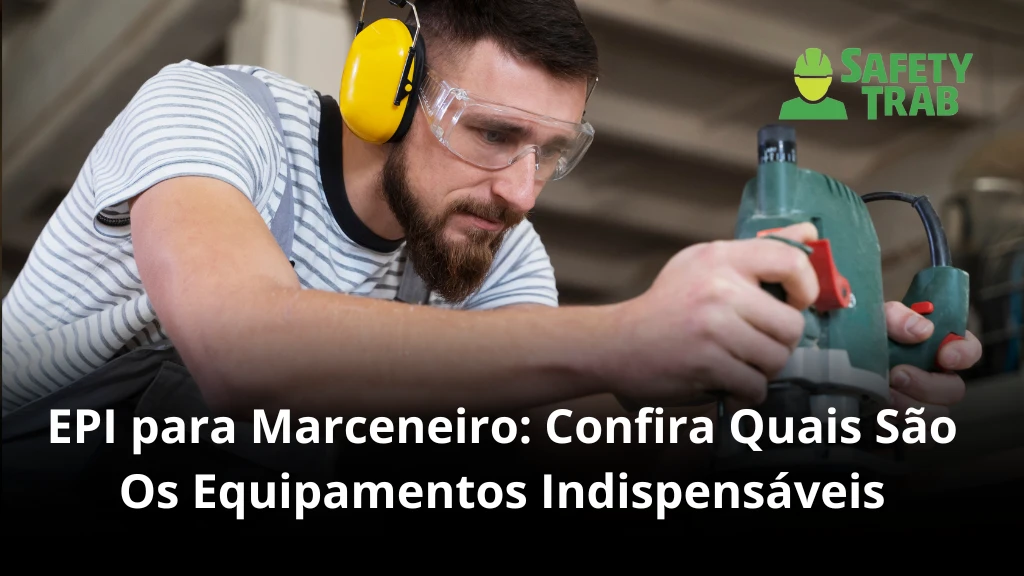 Homem usando equipamento de proteção ao fazer marcenaria, destacando os equipamentos de segurança essenciais para marceneiros, como máscara, proteção auricular e óculos.