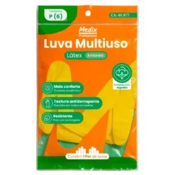 Mão com luva de borracha amarela em destaque contra fundo branco, simbolizando higiene, limpeza ou proteção.