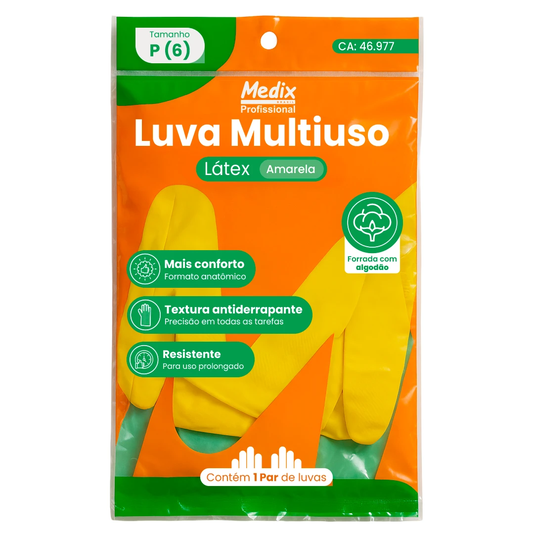 Mão com luva de borracha amarela em destaque contra fundo branco, simbolizando higiene, limpeza ou proteção.