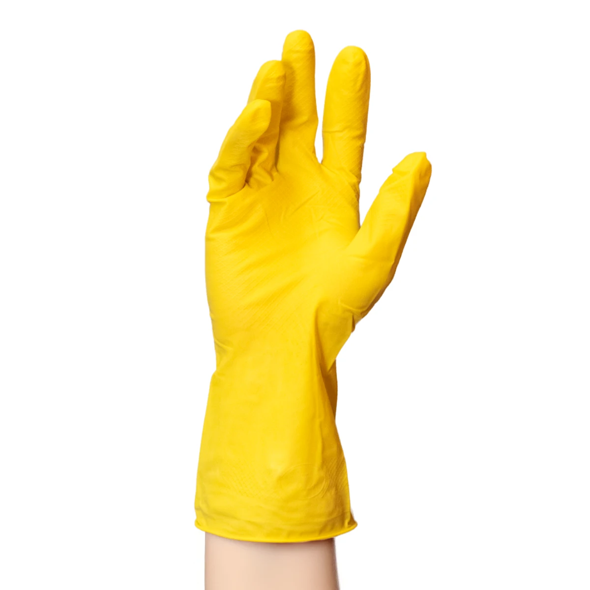 Mão com luva de borracha amarela em destaque contra fundo branco, simbolizando higiene, limpeza ou proteção.