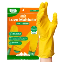 Luvas multiuso de látex amarela para diversas tarefas, com formato anatômico confortável, resistente e com textura antiderrapante, ideal para proteção e segurança no trabalho.