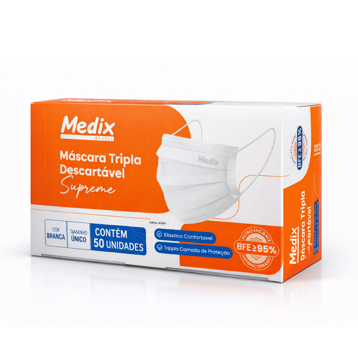Máscara Descartável Tripla com Elástico Branca Medix - 50 unid. - Imagem 2