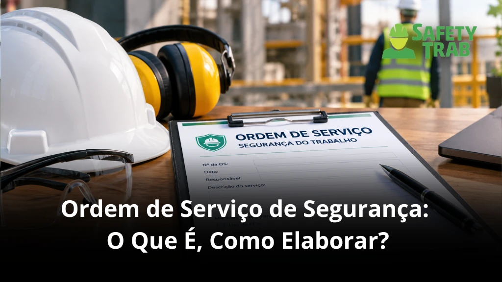 Ordem de serviço de segurança do trabalho sendo preenchida sobre uma mesa, ao lado de capacete e óculos de proteção em ambiente industrial. Safety TRAB ao fundo.