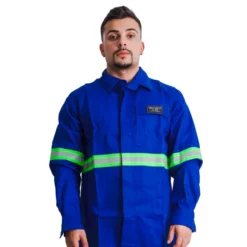 Camisa Eletricista NR10 Azul com Faixa Refletiva Verde