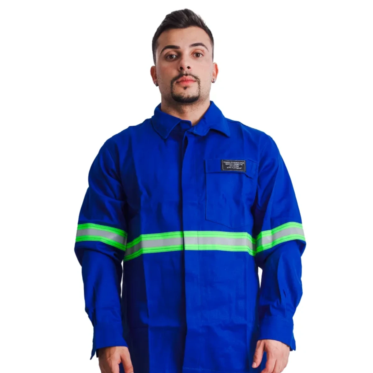 Camisa Eletricista NR10 Azul com Faixa Refletiva Verde