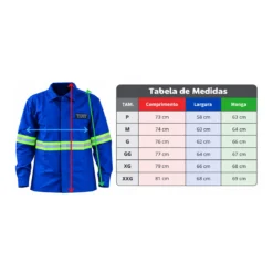 Tabela de medidas da Camisa NR10 Eletricista Azul Maicol