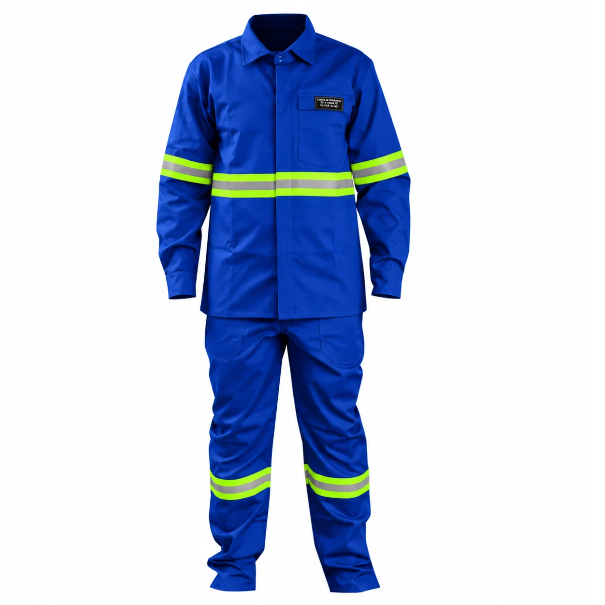 Uniforme eletricista NR10 azul royal com refletivo verde Maicol
