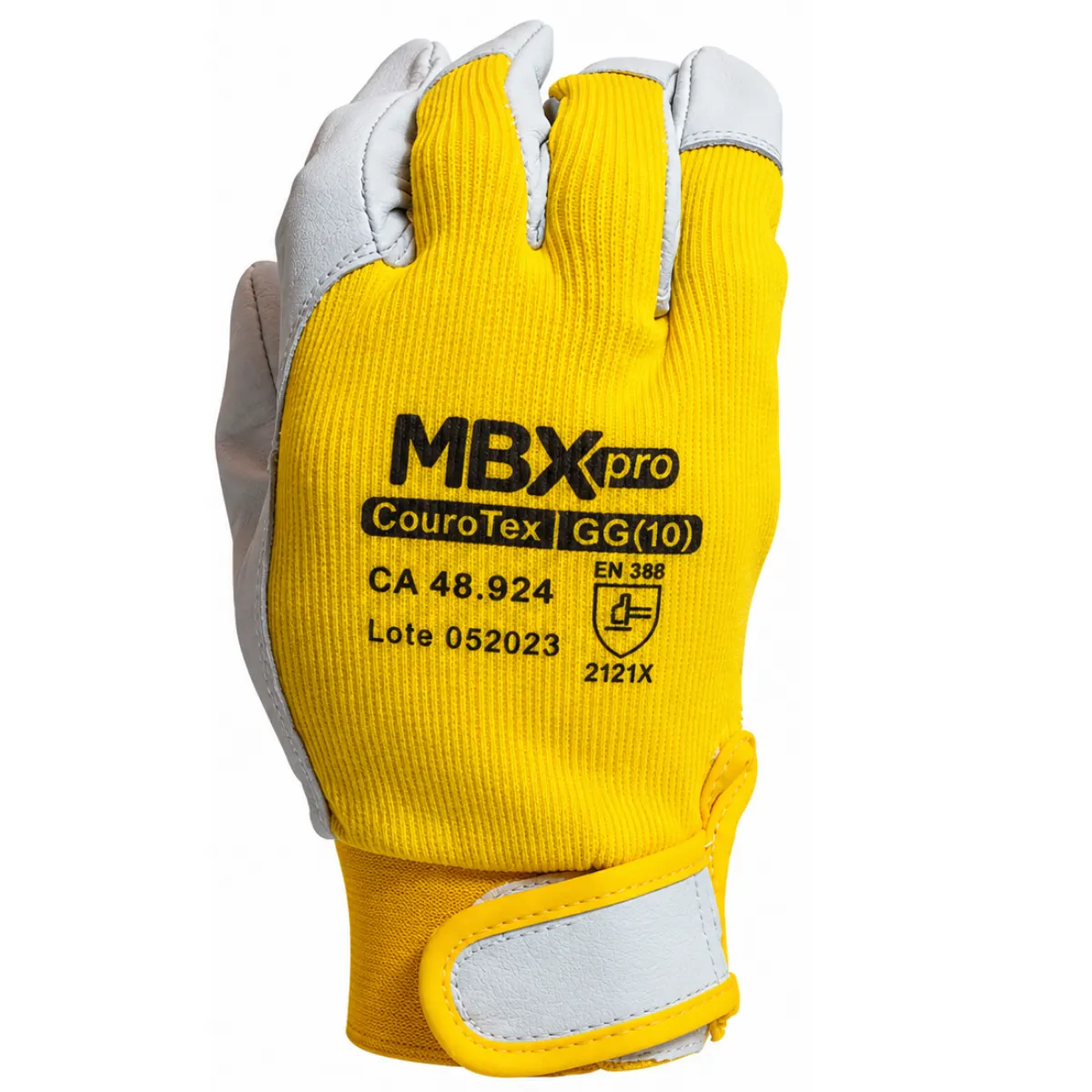 Luva de proteção amarela com punho de malha, detalhes em branco e cinza e logotipo “MBXpro”; o modelo exibe informações como “CouroTexl GG(10)” e “CA 48.924”.