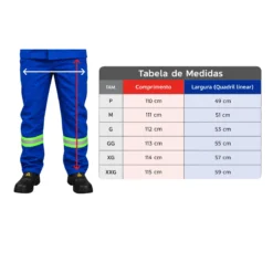 tabela de medidas - calca nr10 azul com refletivo maicol