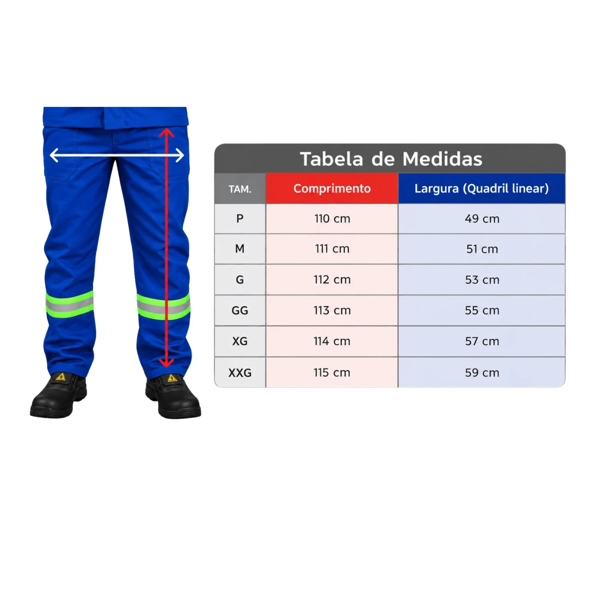tabela de medidas - calca nr10 azul com refletivo maicol